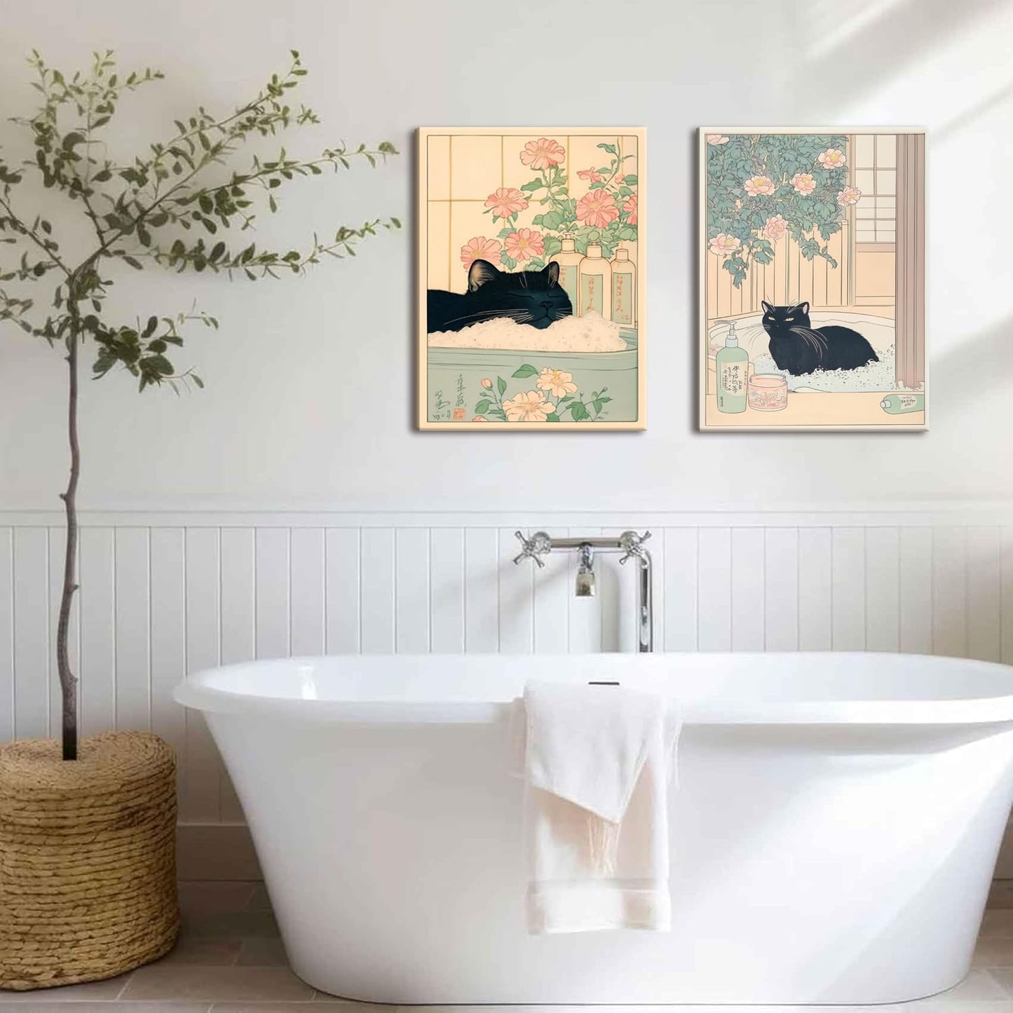 Funny Bathroom Wall Art Set of 3, Japanese Cute Black Cat Wall Decor Paintings, Rustic Animal Pictures Canvas Prints Home Decor for Bathroom Toilet, 12x16 inch Framed