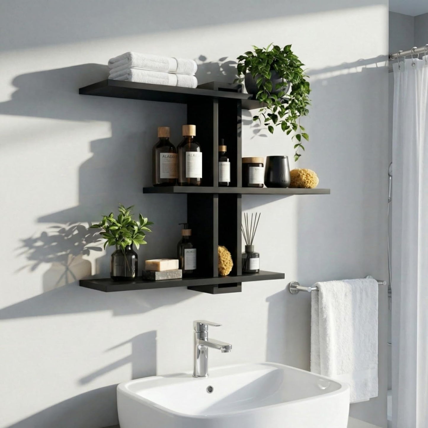 Black Floating Shelves, 3 Tier Pine Wood 20 Inch Large Wall Mounted Shelf, Storage Display for Plants Photos Books, Bathroom Bedroom Living Room Kitchen Home Office Decor