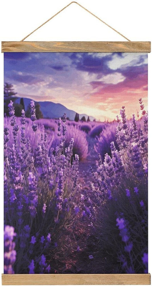 Vintage Purple Lavender Poster with Wooden Frame Personalized Linen Hanging Scroll Painting Rustic Wall Hanging Illustrative Modern Artwork Decor for Home Living Room Bedroom Office