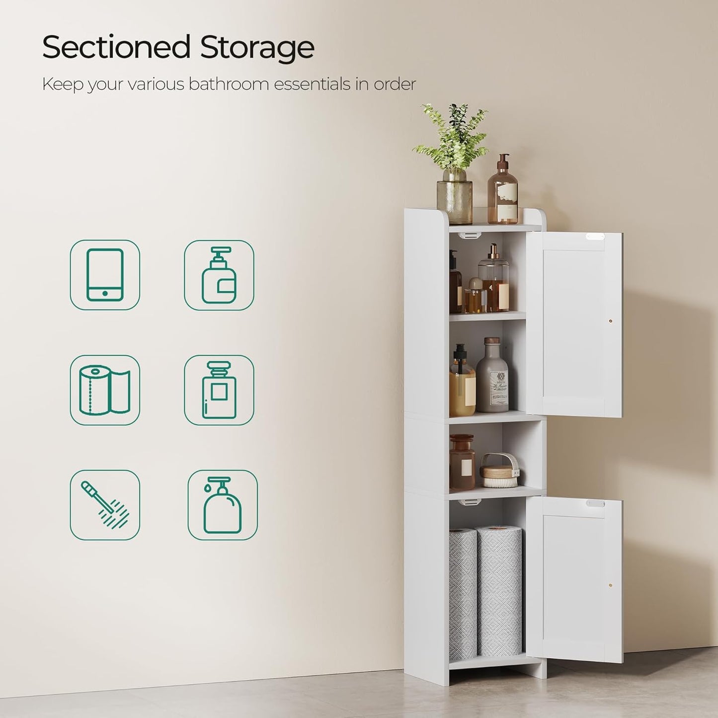 Bathroom Cabinet with 2 Doors, 7.3 x 9.8 x 40.4 Inches, Small Freestanding Storage Cabinet with Adjustable Shelf, Floor Cabinet for Small Spaces, Bathroom, Entrances, Kitchen, White
