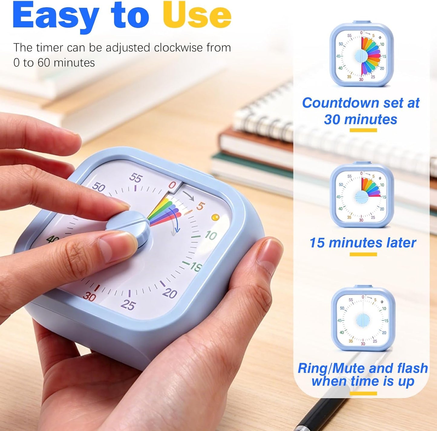 Mwellewm Visual Timer for Kids, 60 Minute Time Digital Pomodoro Timer Countdown with Silent Pause Function for Classroom Kitchen Study Cooking Meetings ADHD Rainbow Pattern(Blue)
