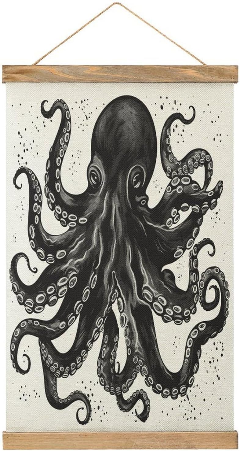 Vintage Classic Black Octopus Poster with Wooden Frame Personalized Linen Hanging Scroll Painting Rustic Wall Hanging Illustrative Modern Artwork Decor for Home Living Room Bedroom Office