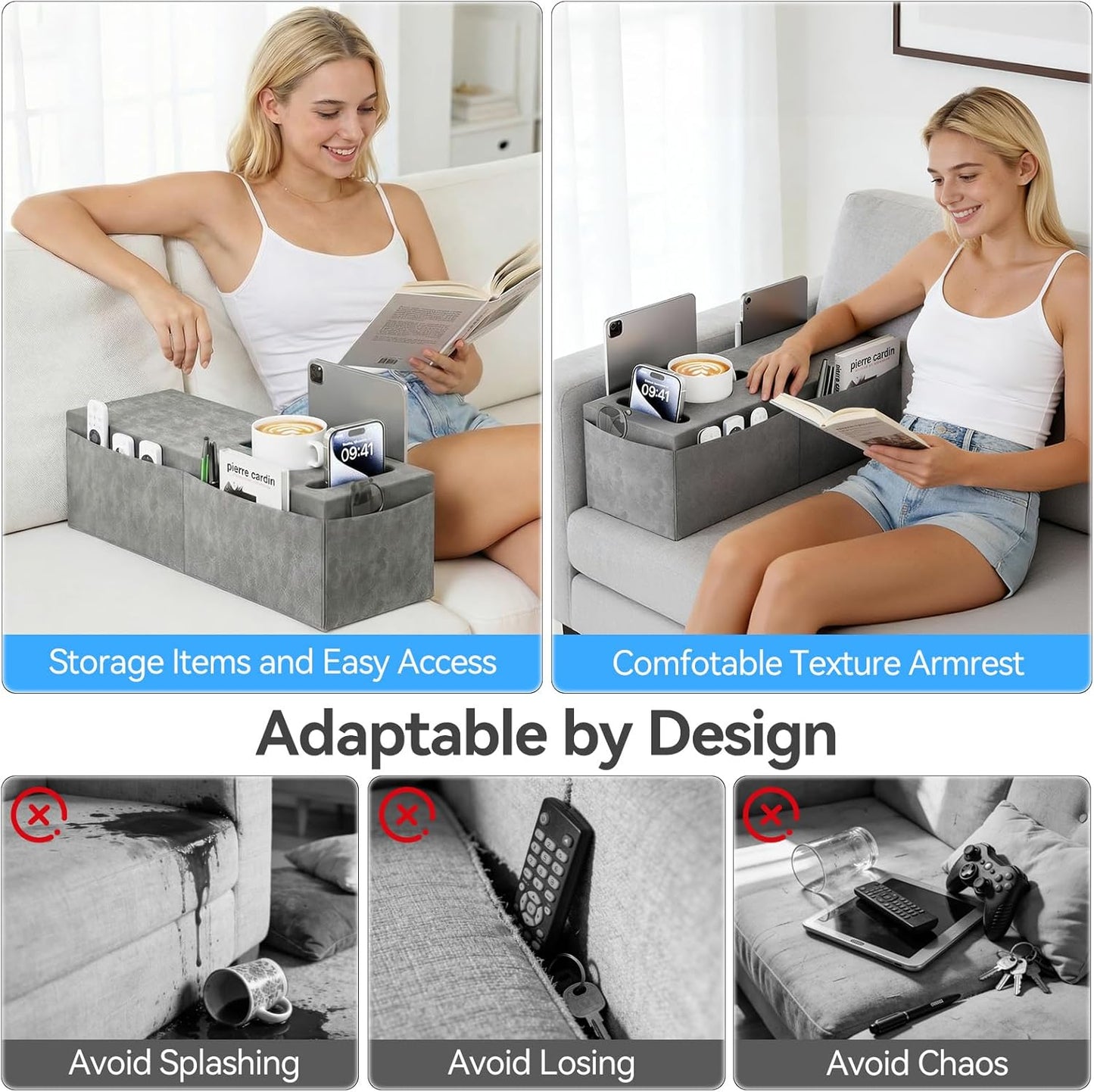 Couch Armrest Caddy with Cup Holder, Portable Sofa Armrest Pillow Drink Holder Table Tray with 5 Large Side Storage Pockets, Portable Sofa Rrmrest for Reading & Bed Rest Pillows armrest couch- 2 Packs