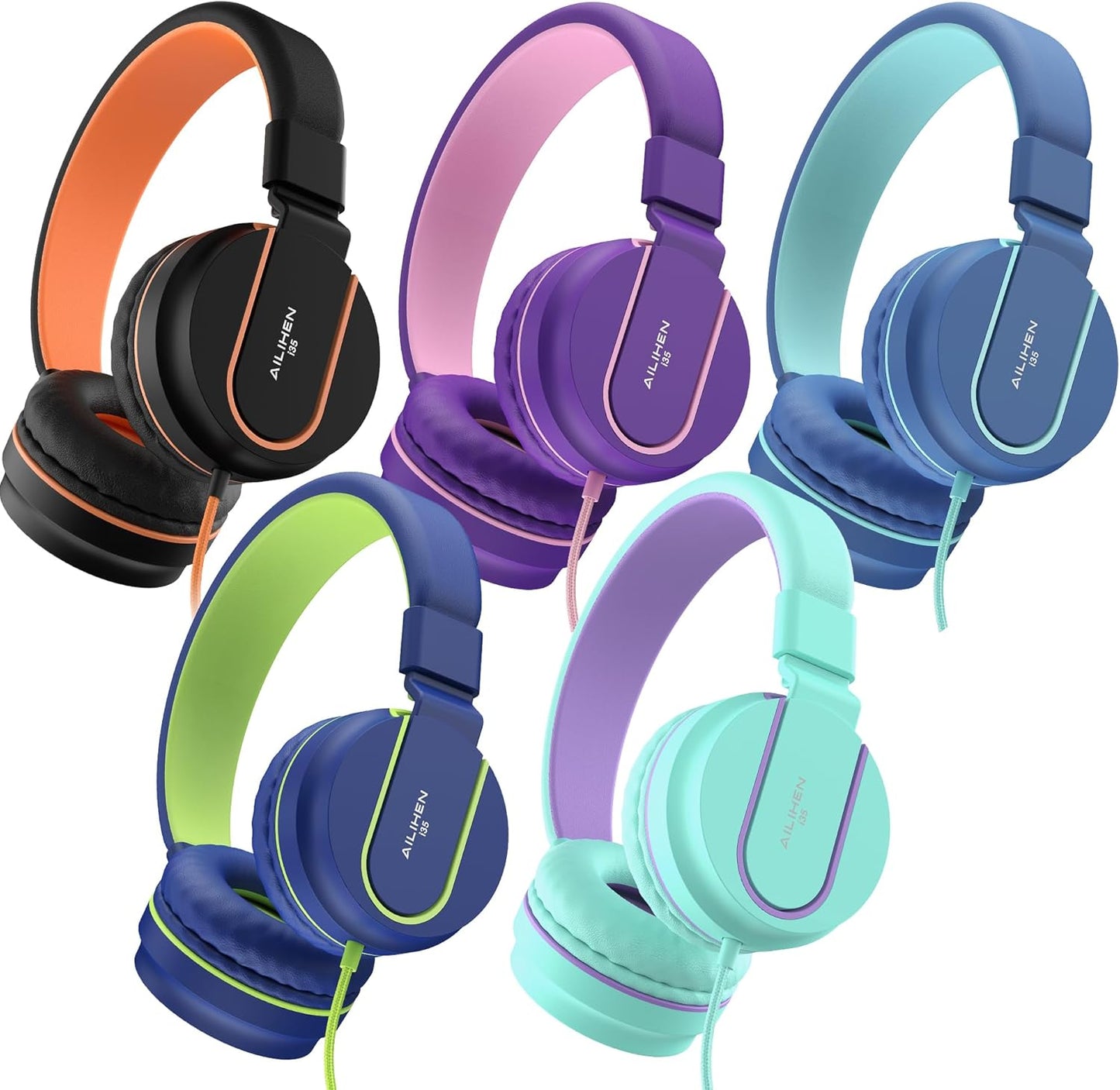 AILIHEN Kids Headphones Bulk 5-Pack for K-12 School Classroom, On-Ear Wired Headset with Microphone for Students Children with 93dB Volume Limited, 3.5mm Jack for Chromebooks Tablets Laptop Computer