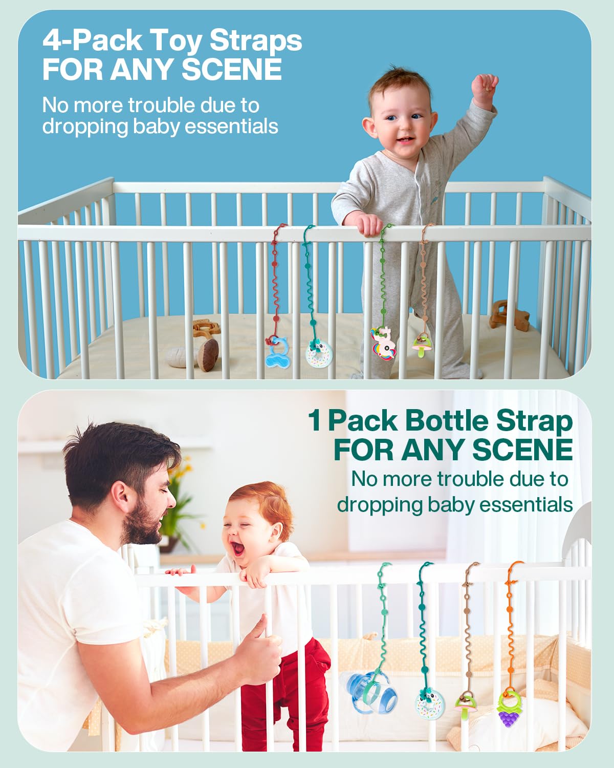 Toy Straps for Baby, 5pcs Adjustable Toy Holder for Stroller Accessories, Silicone Tether Pacifier Clip, No Throw Travel Essential Leash for High Chair, Car Seat (5-Pack)