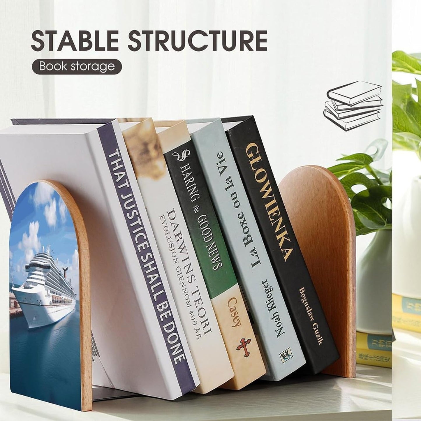 Non-Slip Bookend for Shelves Cruise Ships Wooden Bookends with Metal Base Decorative Book Stopper for Home Heavy Duty Wood Book Storage for Books/CDs