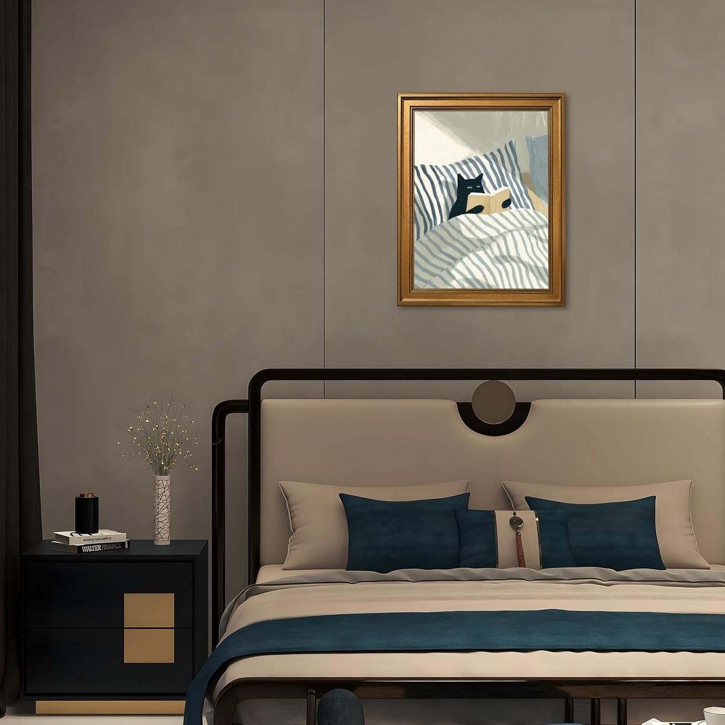 EQUEEN Black Cat Reading Poster Cozy Wall Art Bedroom Wall Decor Book Lover Canvas Print For Bedroom Library Office12x16inch Golden frame
