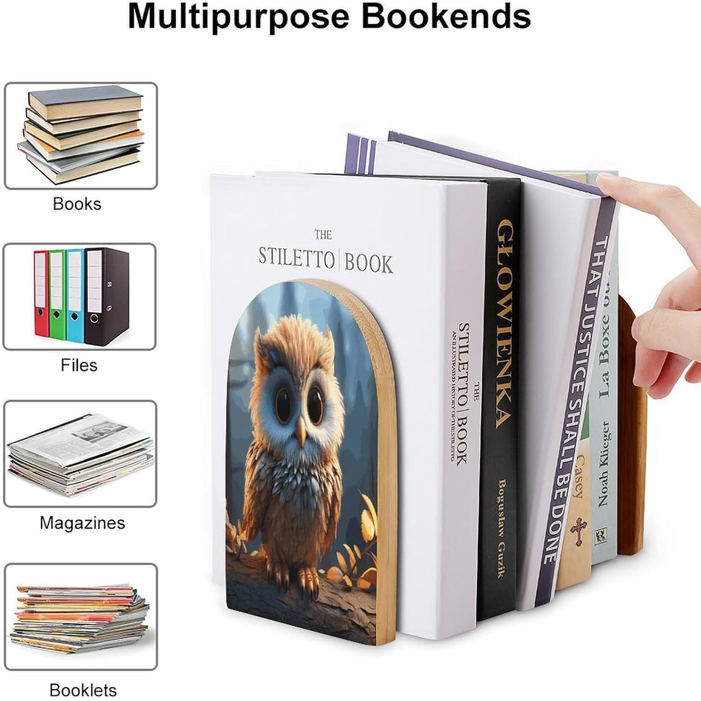 Cute Owl Bookend for Shelves Wooden Book End Large Size Sturdy Book Holders Stoppers with Metal Base for Bookshelves Slick Decorative Bookends Stands