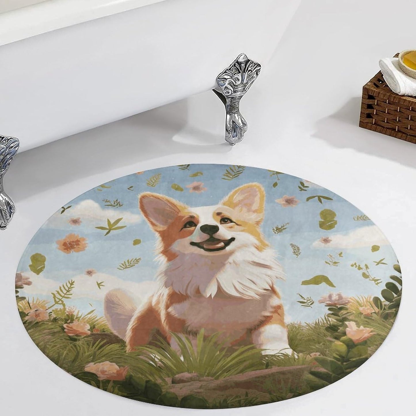 Lovely Corgi Circle Rug Retro Luxury Coral Velvet Floor Mat Non Slip Soft Indoor Floor Carpet Comfy Thickened Area Rugs Modern Aesthetic Minimalist Carpets for Home Decor