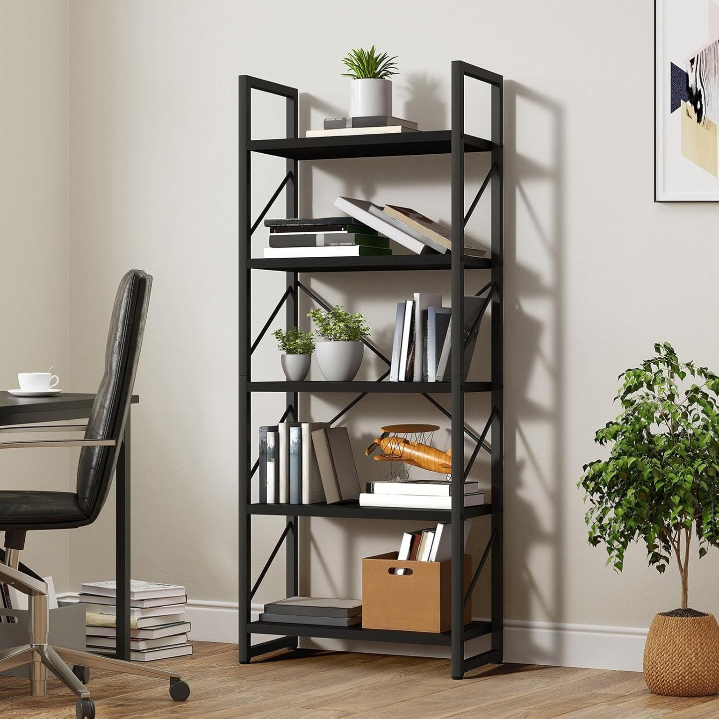 YITAHOME 5 Tiers Bookshelf, Artsy Modern Bookcase, Book Rack, Storage Rack Shelves Books Holder Organizer for Books/Movies in Living Room/Home/Office - Black