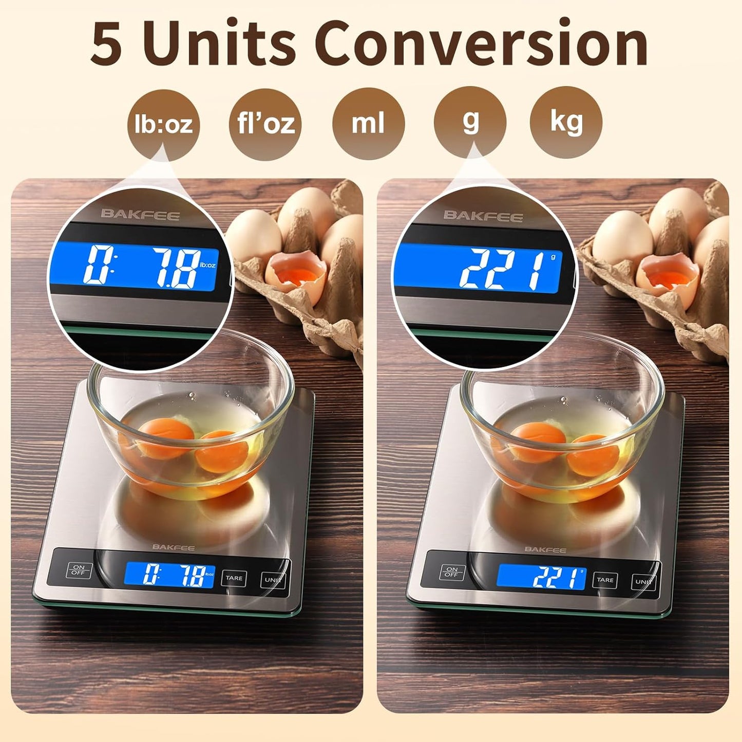 Food Scale, 15kg/33lb Digital Kitchen Scale with Stainless Steel & Tempered Glass, 1g / 0.05oz Precise Graduation, Waterproof and Sturdy Surface, for Cooking, Baking, Weight Loss, Meal Prep