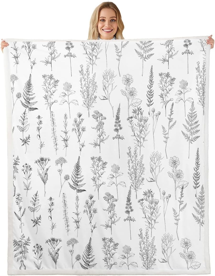 Botanical Throw Blankets,Flower Leaves Pattern Fleece Blanket,Kids Girls Boys Adult Nature Plants Bohemian Fuzzy Blankets Rustic Farmhouse Sherpa Blanket Chair Sofa Bed Decor,30"×40"