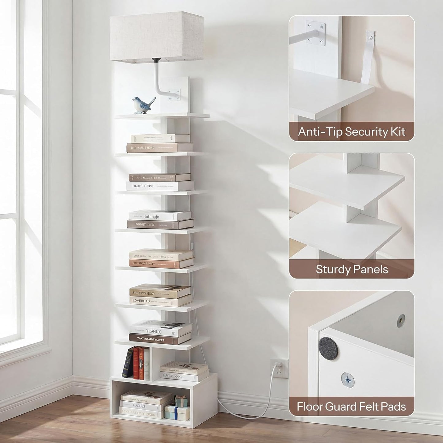 HOOBRO Narrow Bookshelf, 9-Tier Lamp Bookshelf with Light, Spine Book Shelf for Small Apartment, Tall Floor Standing Book Organizer, for Living Room, Office, Bedroom, White WW09DSJ01