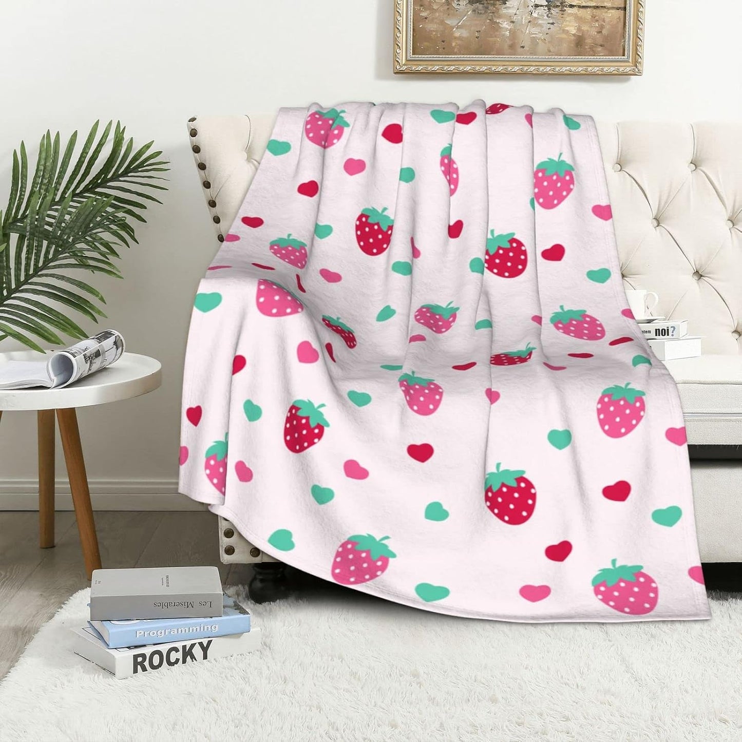 Strawberry Pink Girly Throw Blanket Super Soft Warm Bed Blankets for Couch Bedroom Sofa Office Car, All Season Cozy Flannel Plush Blanket for Girls Boys Adults, 60 X 40 Inch
