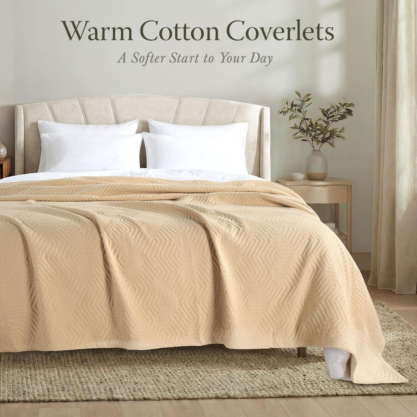 Threadmill Luxury Cotton Blankets for Queen Size Bed | All-Season 100% Cotton Queen Size Blanket | Aster Jacquard Cozy Lightweight, Soft Breathable Coverlet fits Full Size Bed, 90x92 | Beige