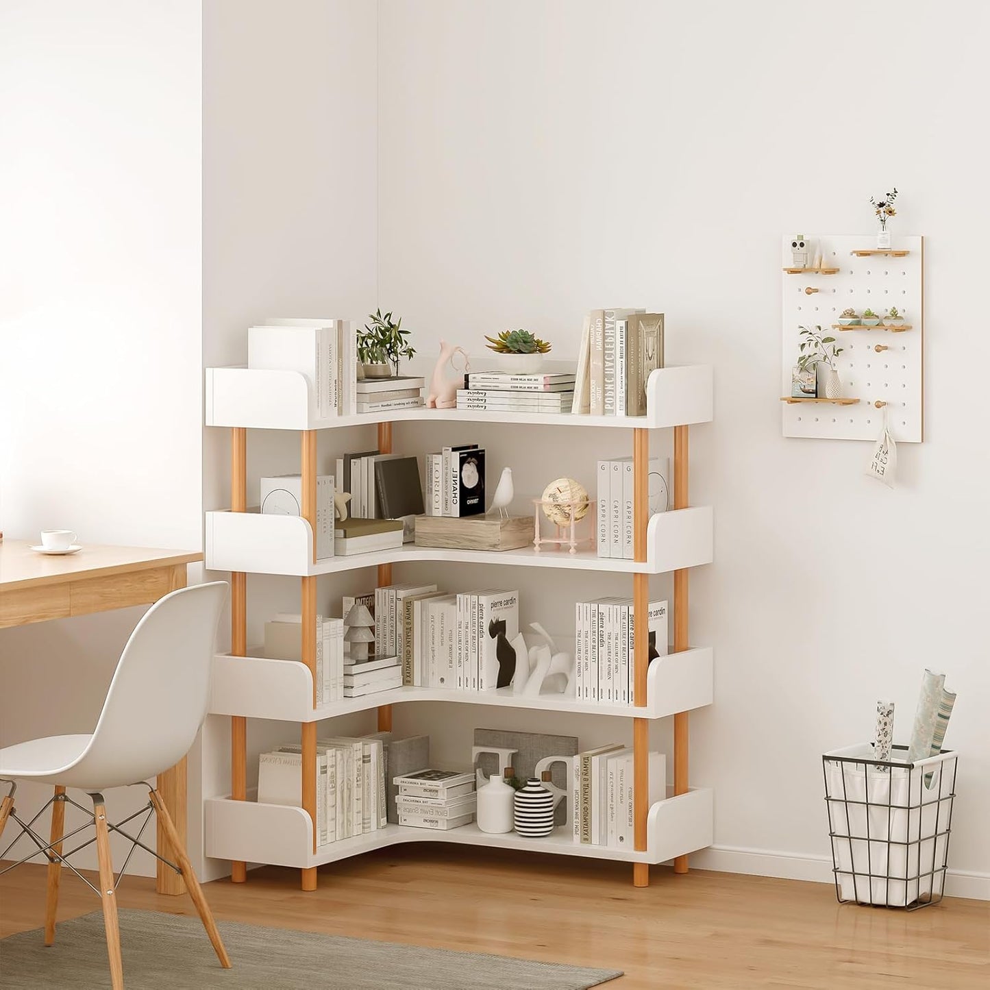 Wooden Reversible Corner Bookshelf - Modern 4 Tiers L-Shaped Bookcase with Solid Wood Frame and Edge Protection for Home and Office, Open Storage Shelf, White