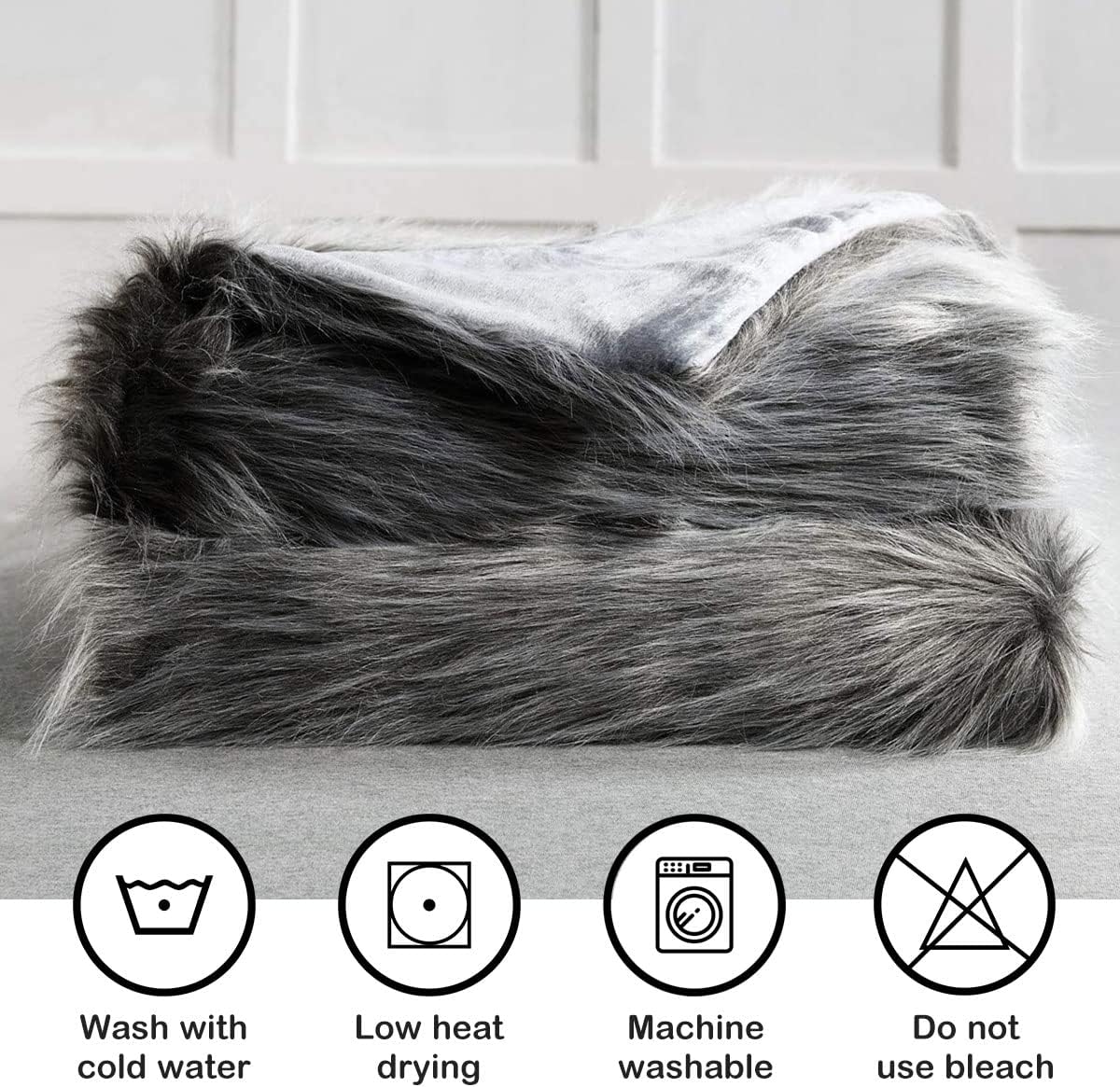 Luxury Faux Fur Throw Blanket, Grey and Black High Pile Mixed Throw Blanket, Super Warm, Fuzzy, Elegant, Fluffy Decoration Blanket Scarf for Sofa, Couch and Bed, 50''x 60''