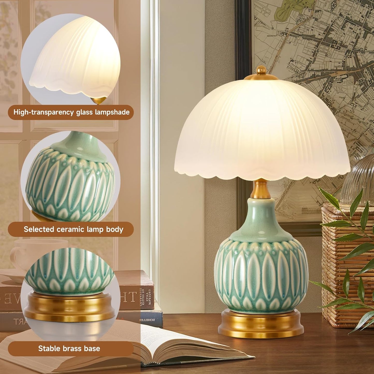 Vintage Lamp for Living Room,15.7" High 9.8“Wide Modern Ceramic Table Lamps for Bedroom,Retro Bedside Nightstand Traditional Lamps, Classic Chinoiserie Green Lamp for Home Decor