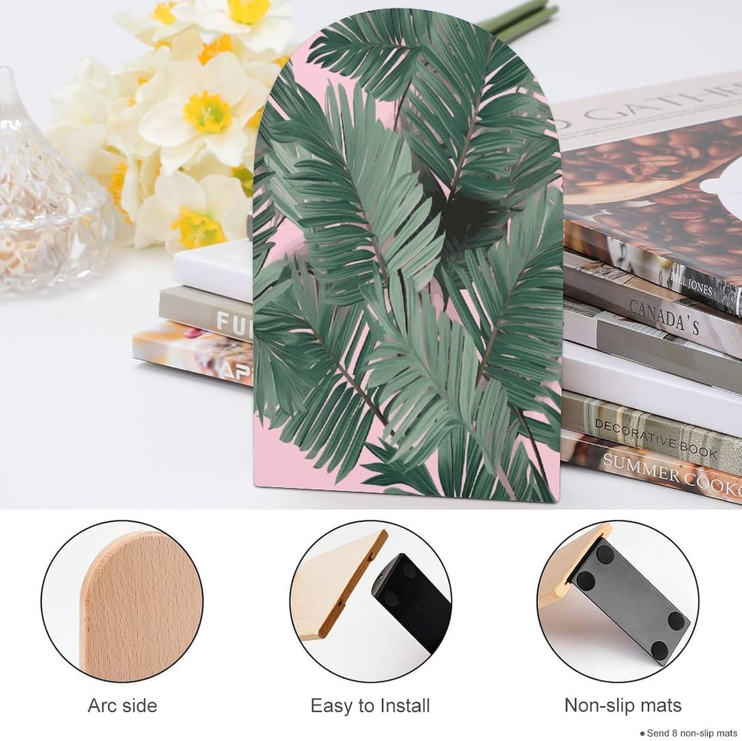 Green Palm Tree Leaves Pink Bookend for Shelves Wooden Book End Large Size Sturdy Book Holders Stoppers with Metal Base for Bookshelves Slick Decorative Bookends Stands