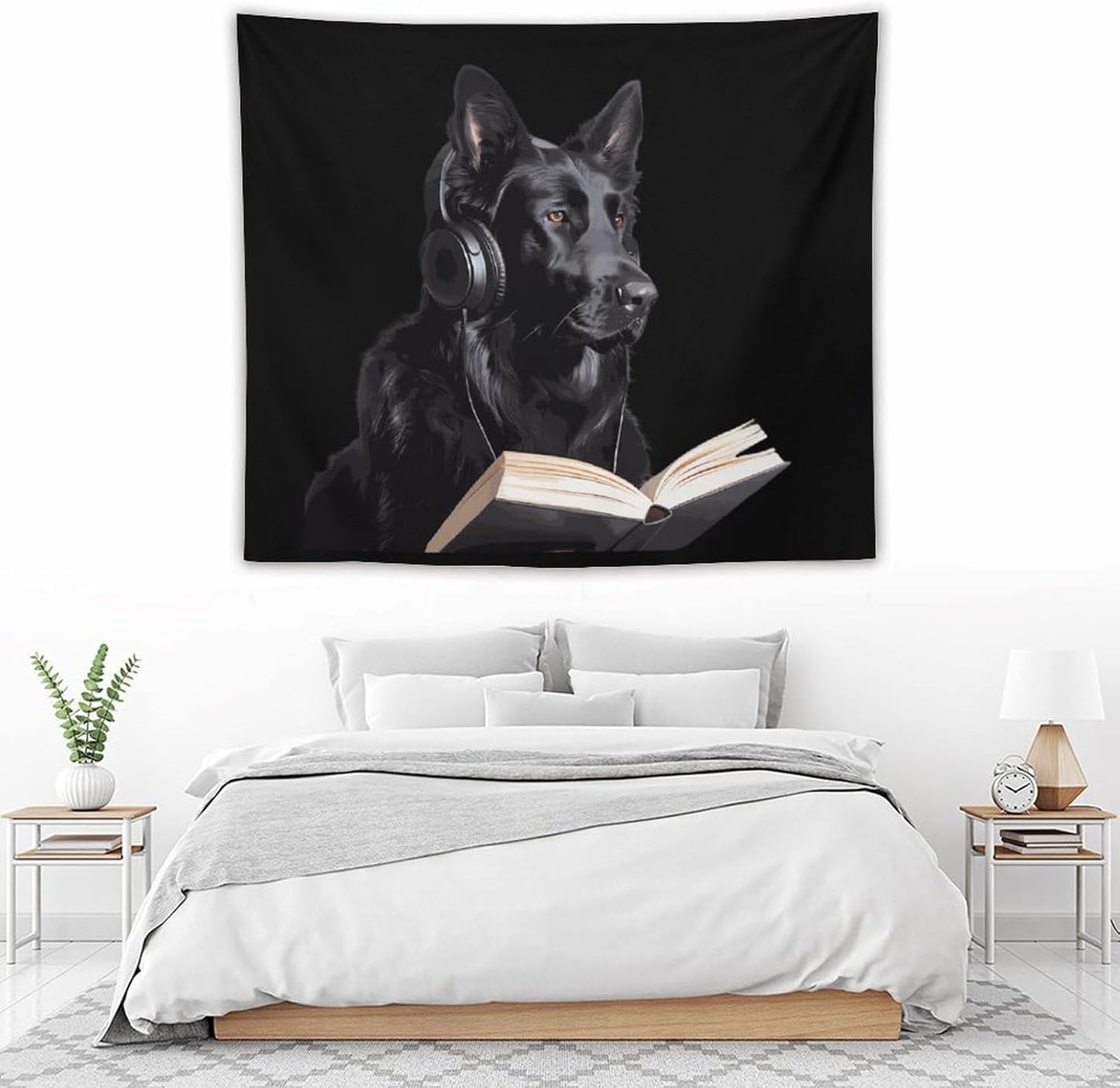 German Shepherd Wearing Headphones Reading Tapestry Photography Backdrop Wall Hanging Aesthetic Blanket Living Room Bedroom Decor Picnic Beach Mat