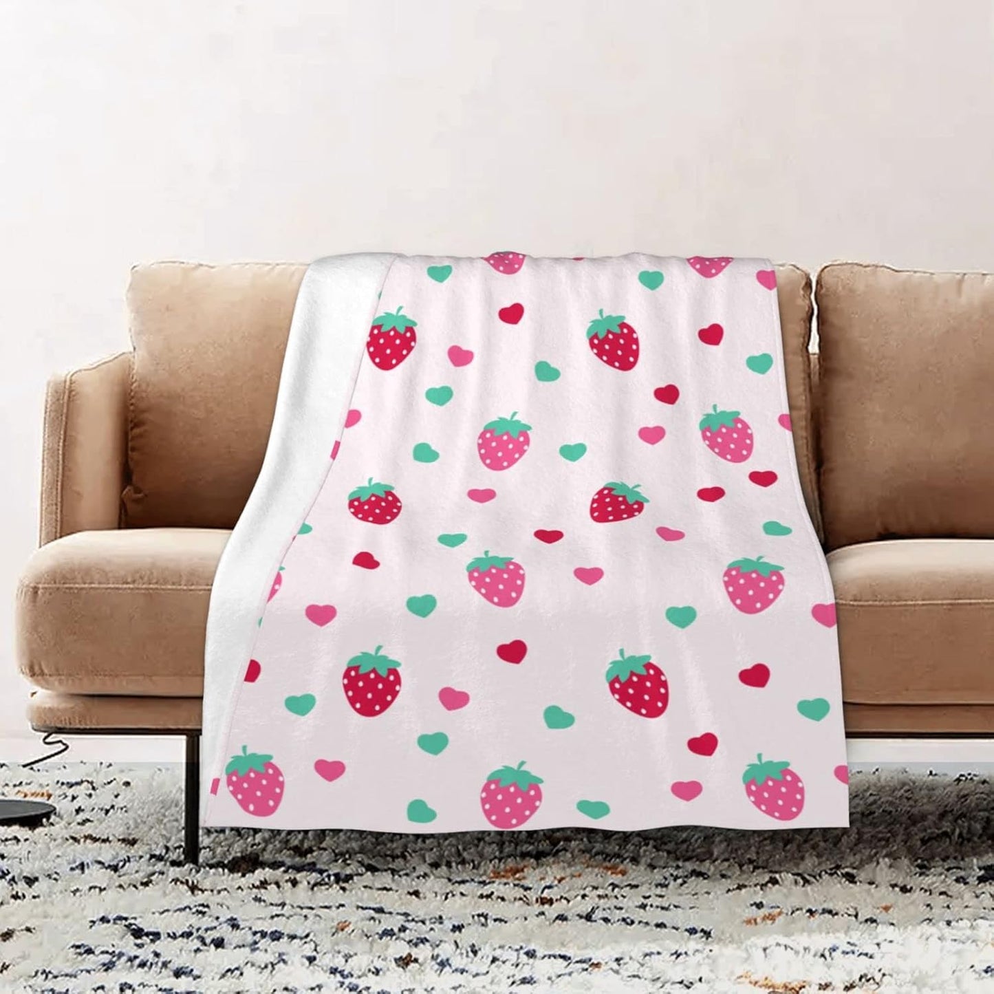 Strawberry Pink Girly Throw Blanket Super Soft Warm Bed Blankets for Couch Bedroom Sofa Office Car, All Season Cozy Flannel Plush Blanket for Girls Boys Adults, 60 X 40 Inch