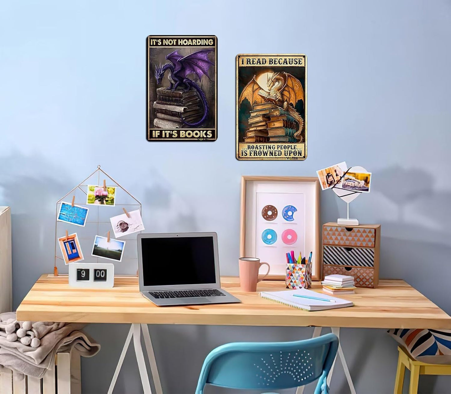 VOTHI Funny Library Decor Dragon Bookends Tin Sign,I Read Because Roasting People Is Frowned Upon,Fantasy Decor,Book Accessories for Reading Lovers or Home Cafe Library Bookshelf Wall Decor 8x12 In