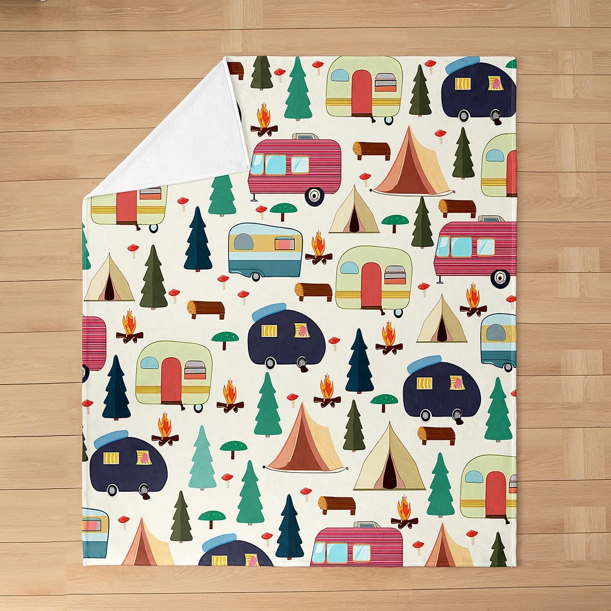 Feelyou Colorful Camper All Season,Bed Blanket Happy Camping Plush Throw Blanket, for Sofa Couch Kids RV Camping Flannel Fleece Blanket Cartoon Camping Car Farmhouse Trailers Camper Throw 50"x60"