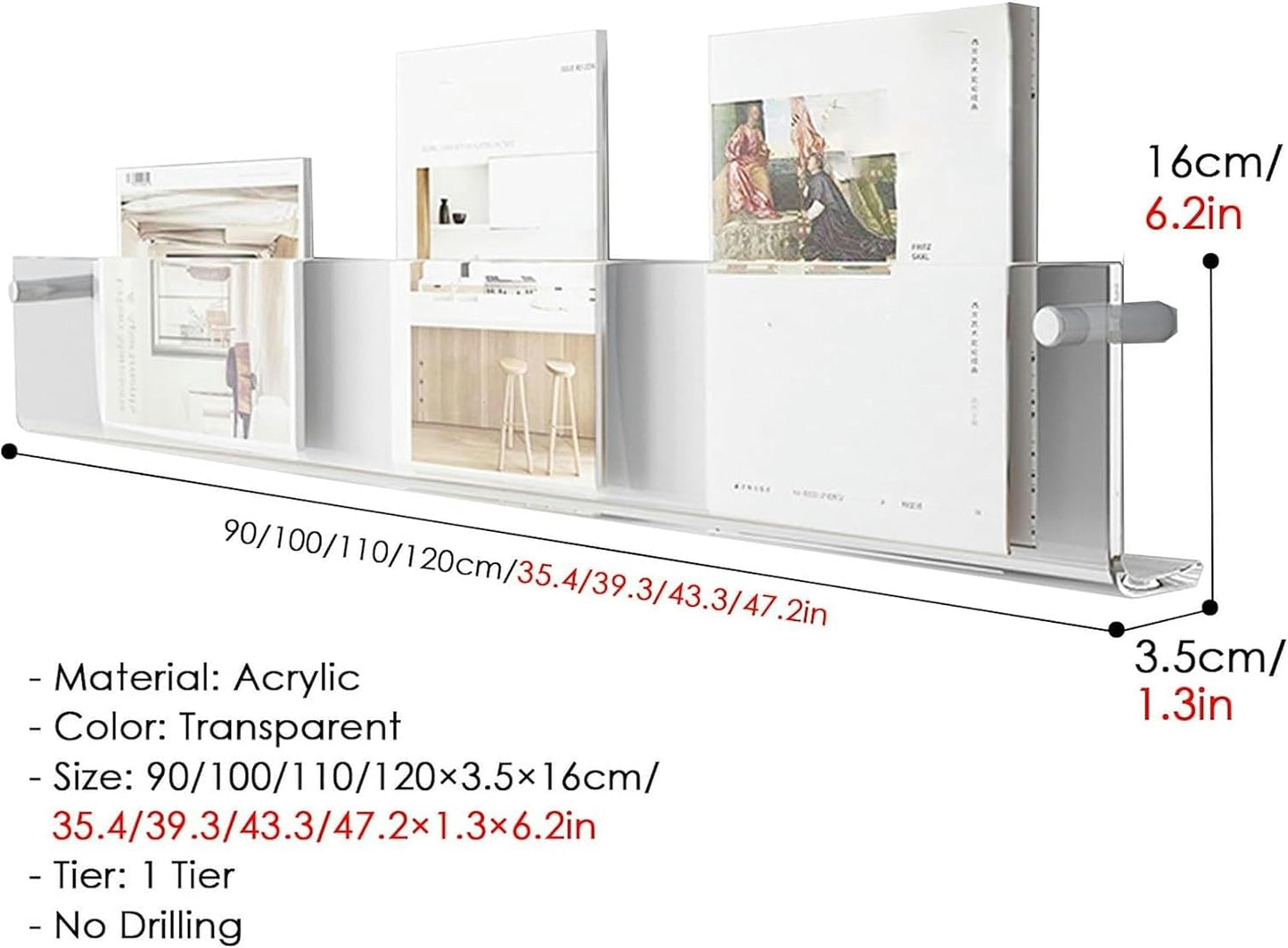 Transparent Magazine Holder, Wall Mounted Storage Rack for Book Poster CDs Photo Frame Newspaper File Documents Collection, 5mm Thick Brochures Display Stand ( Color : Clear , Size : 110x3.5x16cm/43.3