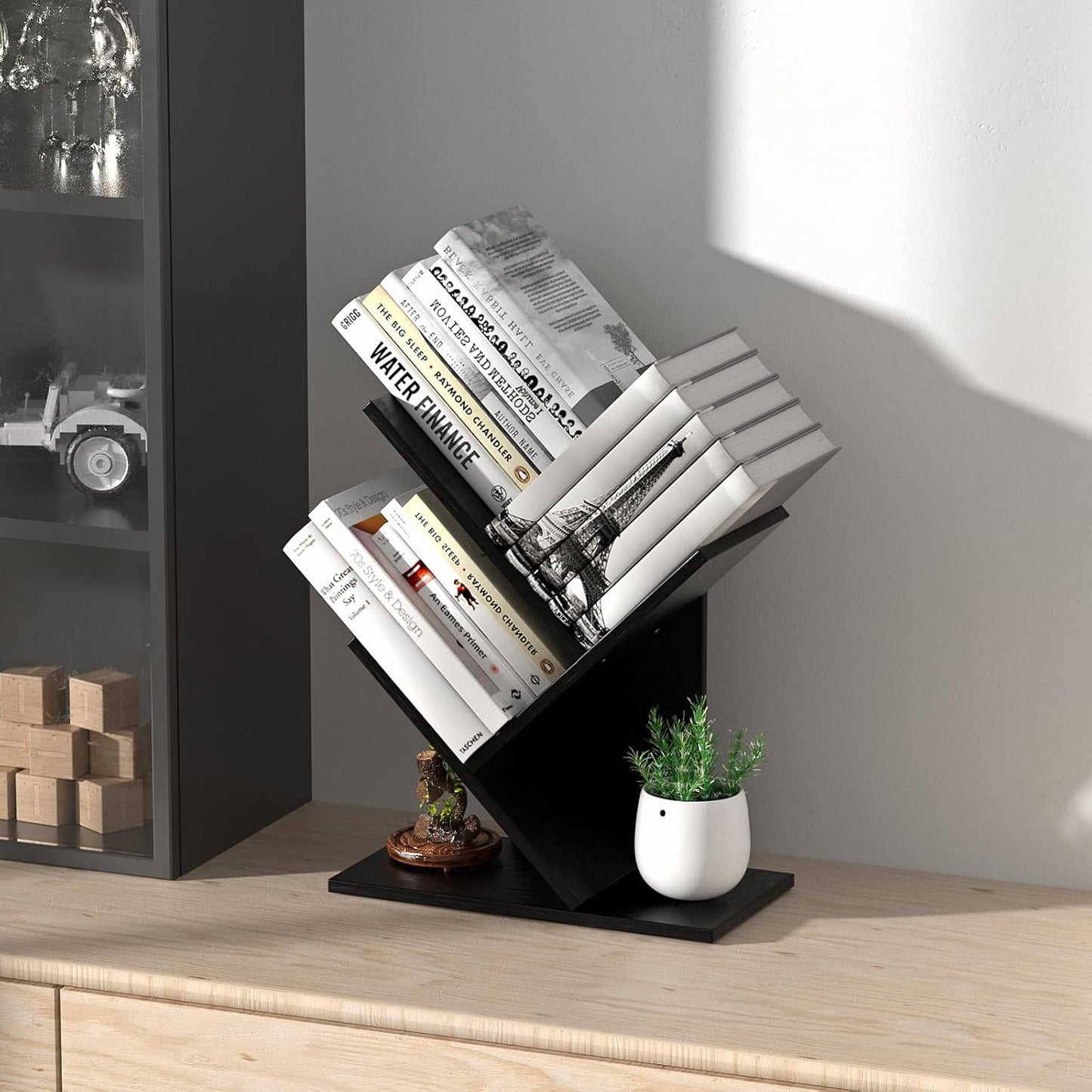 R RUISHENG 3 Tier Small Tree Bookshelf Storage Organizer Shelves Floor Standing Bookcase Desk Wood Storage Rack for Home Office Living Room Bedroom Display for Book Magazine CD Manga Black