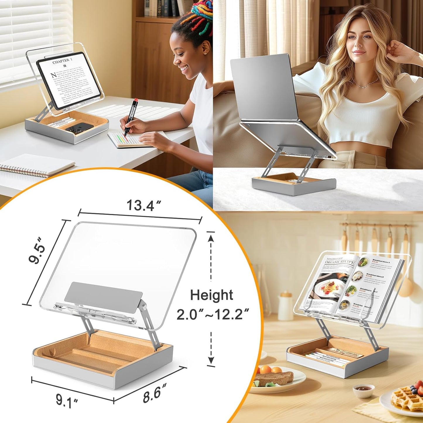 Book Stand with Storage, Book Holder for Reading Hands Free, Wooden Cookbook Stand for Kitchen Counter, Adjustable Reading Stand for Desk, Recipe Stand, Book Prop for Book Lovers (Clear)