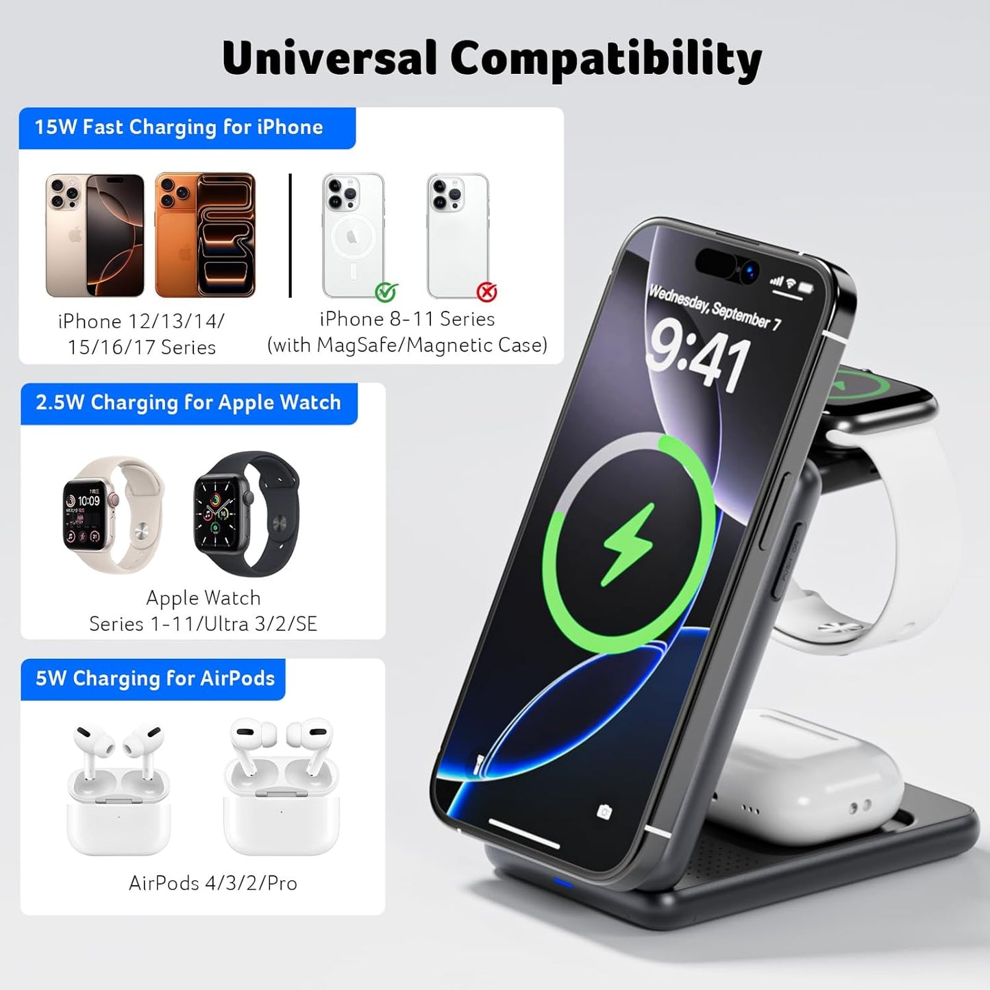 Acer 3 in 1 Charging Station for iPhone, Wireless Charger Stand,15W Fast MagSafe Charger for iPhone 17 16 15 14 13 12 Series-Apple Watch 11 10 9 8 7 6 5 4 3 2 SE and Ultra Series-Airpods 4 3 2 Pro