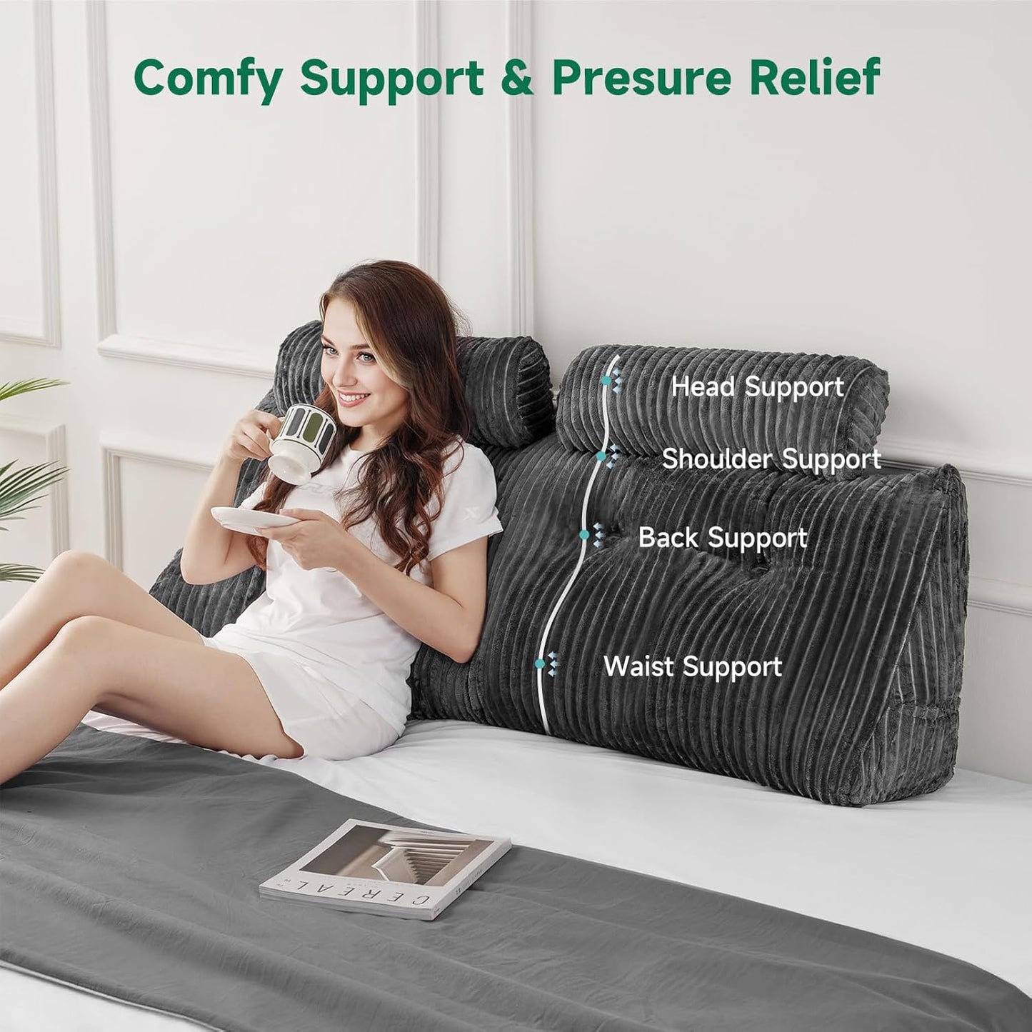 Wedge Headboard Backrest Pillow — Twin, Ultra Soft, Triangle with Roll Pillow, Grey