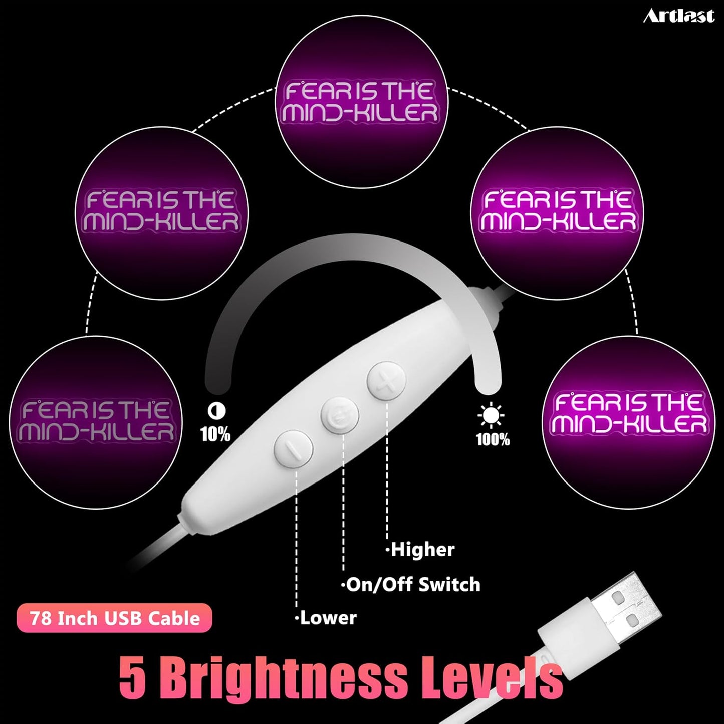 Fear is the Mind-Killer LED Neon Sign 16.5" x 4.7" Dimmable Pink Motivational Quote Wall Decor Inspiring Sci-Fi Literature Sign for Home Office, Library, Gaming Room & Study - USB Powered