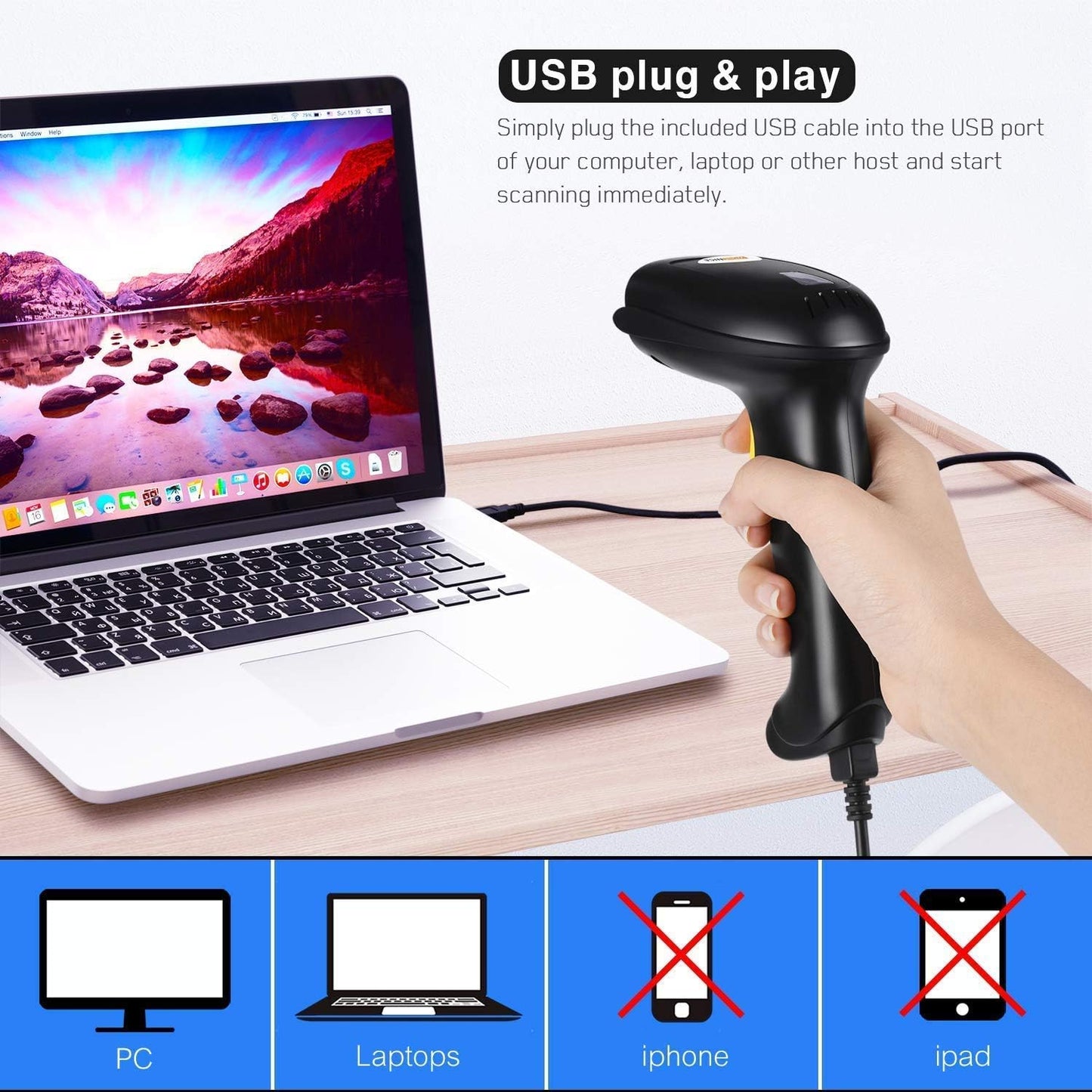 WoneNice Barcode Scanner USB 1D Laser Wired Handheld Bar Code Scanner Reader with Stand, Black