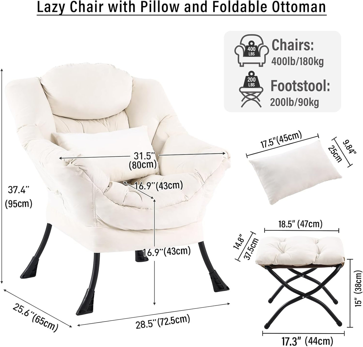 Lazy Chair with Ottoman, Modern Accent Chair with Lumbar Pillow, Velvet Beige Sofa, Armchairs with Folding Footrest, Oversized Supportive Chairs for Bedroom, Reading