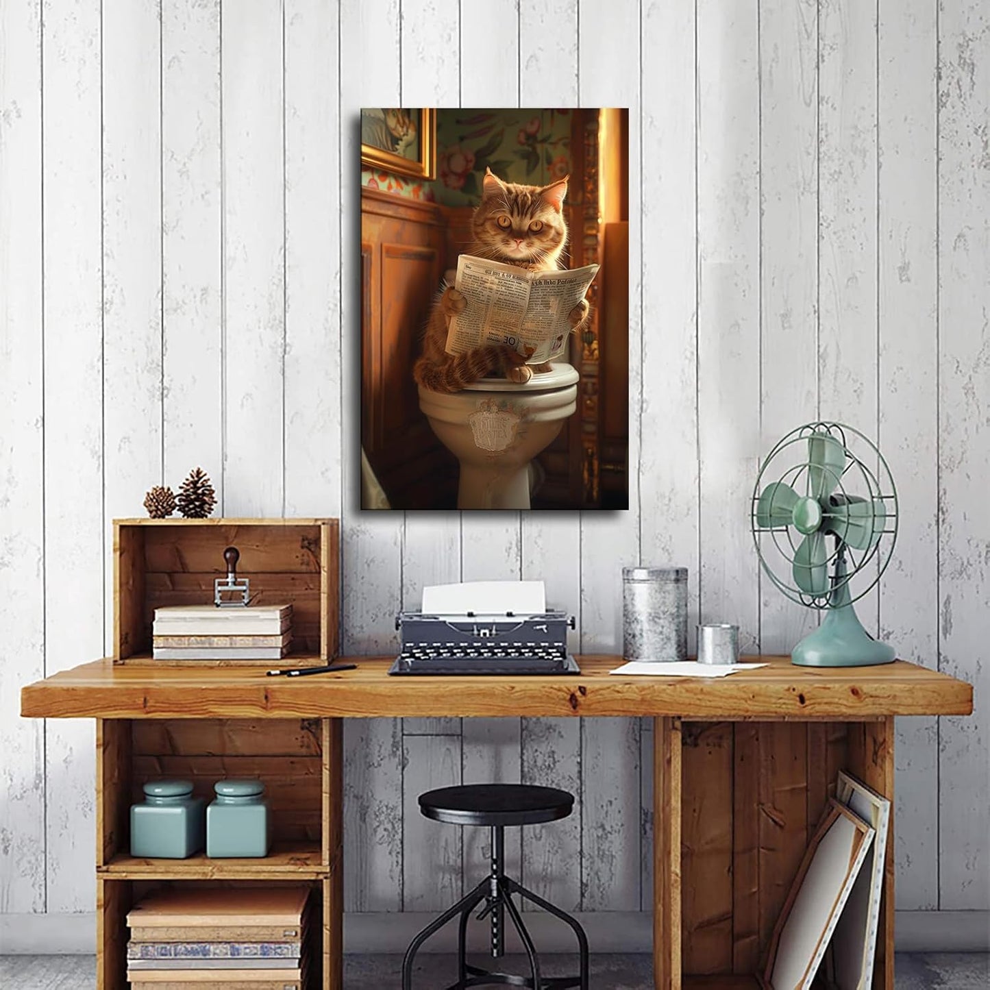 chenmjj Cat Sitting on Luxury Toilet and Reading Newspaper Print Poster Picture HD Print Poster Retro Painted Modern Home Bedroom Room Aesthetic Decoration Canvas Art (16x24inch Unframed)