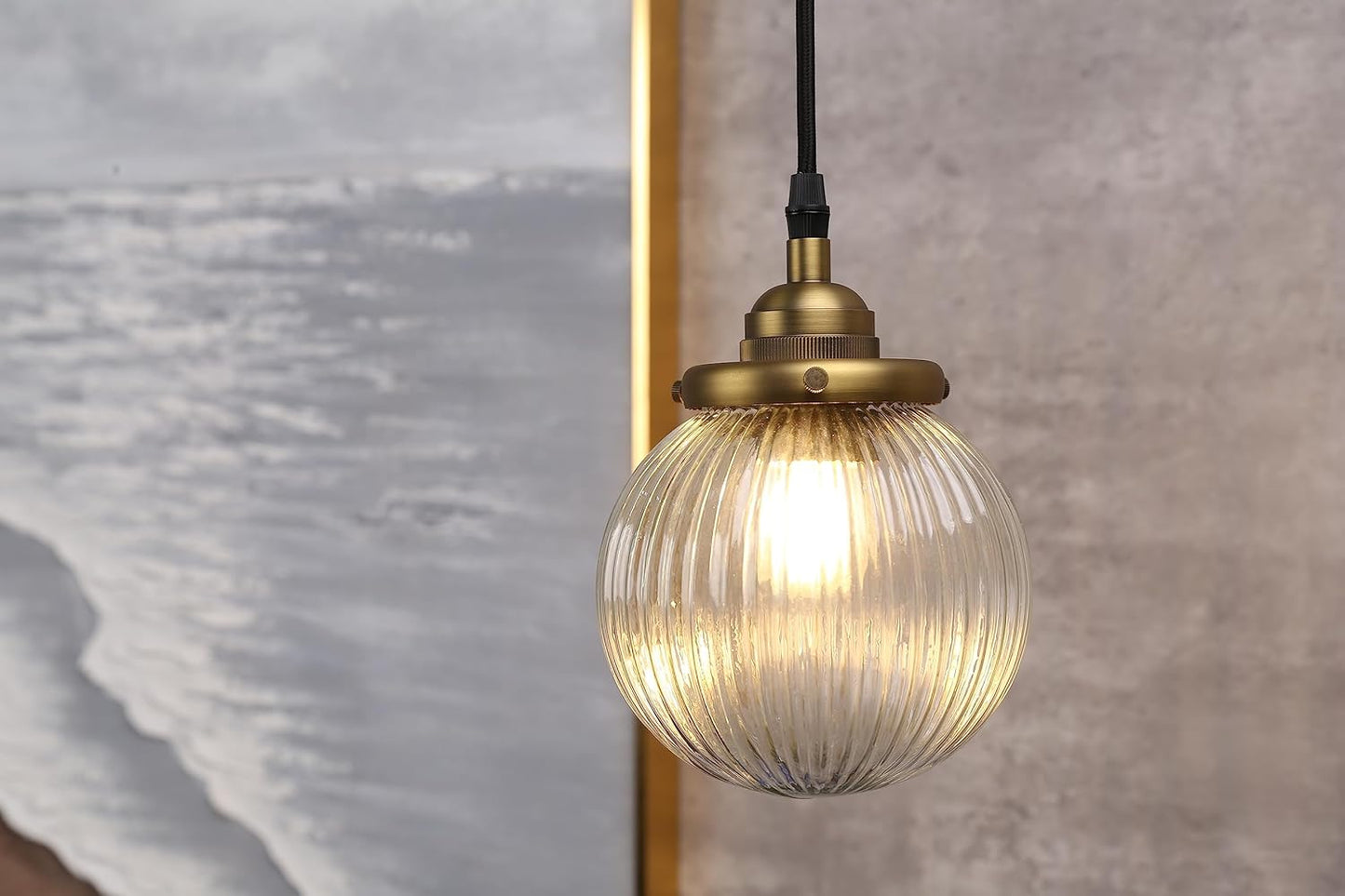 Yosoan 1-Light Vintage Kitchen Hanging Pendant Light Fixture, Single Hardwired Indoor Vanity Luxury Retro Textured Striped Round Glass Shade Samll Lamp for Dinning Room Living Room Island(Antique)