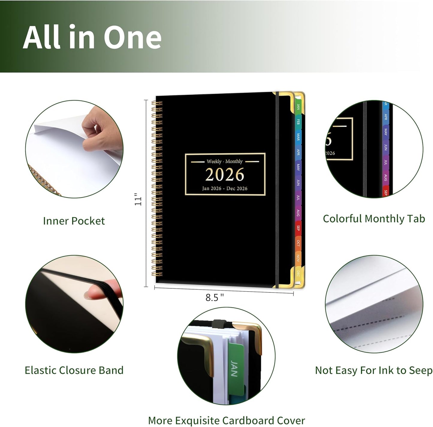 Planner -2026, Hardcover Weekly & Monthly Calendar Planner, January 2026 - December 2026, 8.5" x 11", Daily Agenda Book with Colorful Tabs, College Organizer Notebook, School & Work Supplies for Student Teacher Classroom