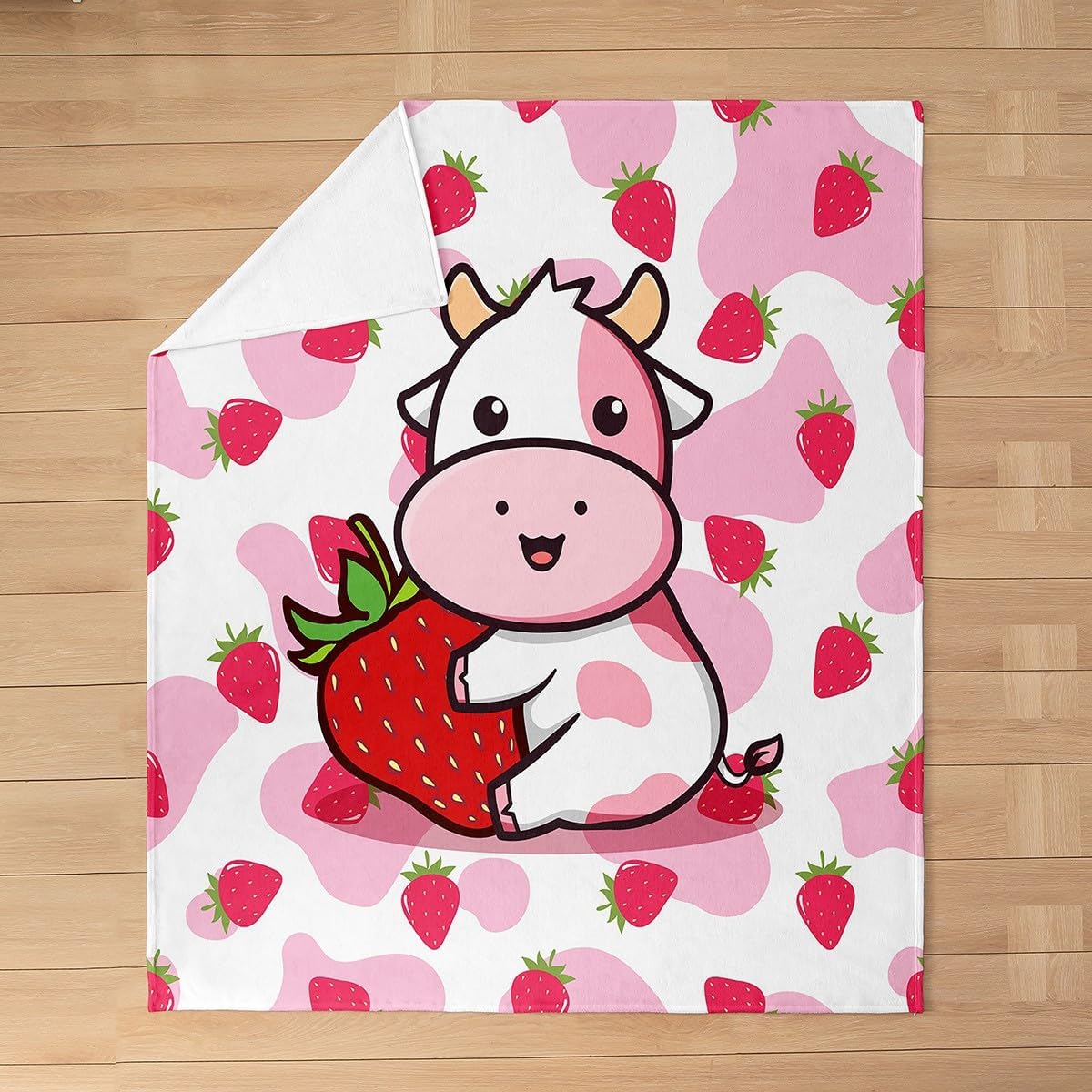 Feelyou Cartoon Cow Pattern Fleece Throw Blanket Kids,Pink Strawberry Cow Fuzzy Blanket for Bed Sofa Couch,All Season 3D Animals Theme Bed Blanket Breathable Plush Blanket Room Decor Queen 90"x90"
