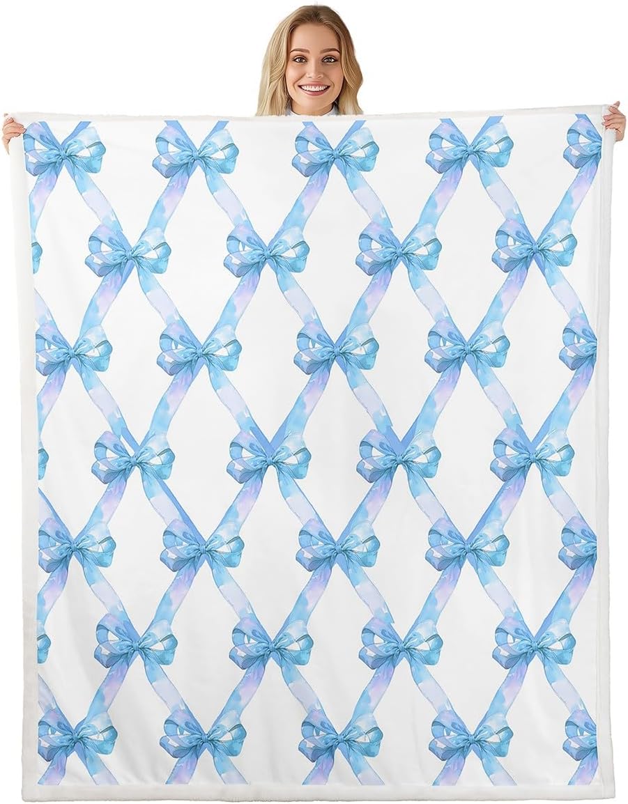 Manfei Cute Bowknot Flannel Blanket,Princess Style Blue Bow Watercolor Girly Fleece Blanket for Room Decor,Geometric Grids Minimalist Dreamy Throw Blanket for Sofa Couch,Throw 50"x60"
