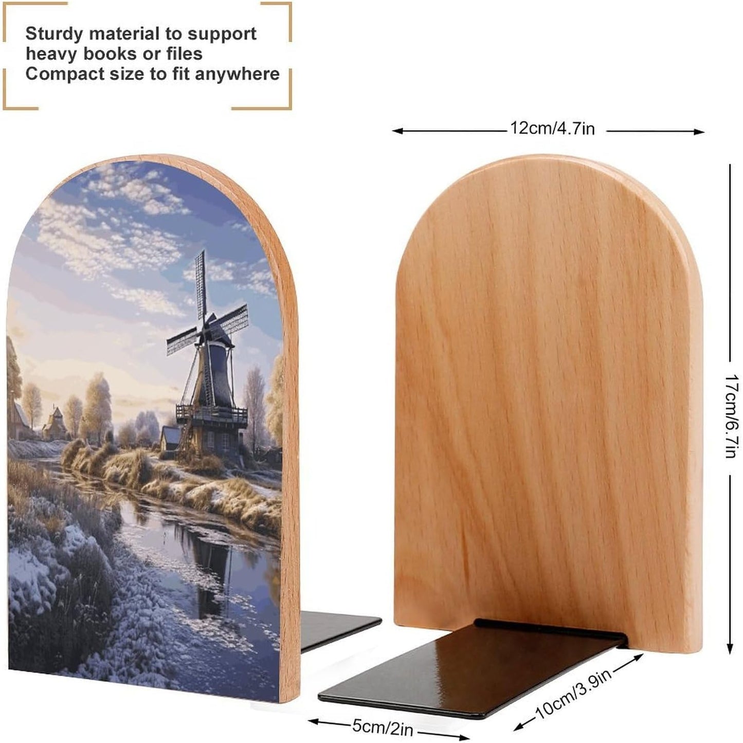Landscape with A Traditional Windmill Bookend for Shelves Wooden Book End Large Size Sturdy Book Holders Stoppers with Metal Base for Bookshelves Slick Decorative Bookends Stands