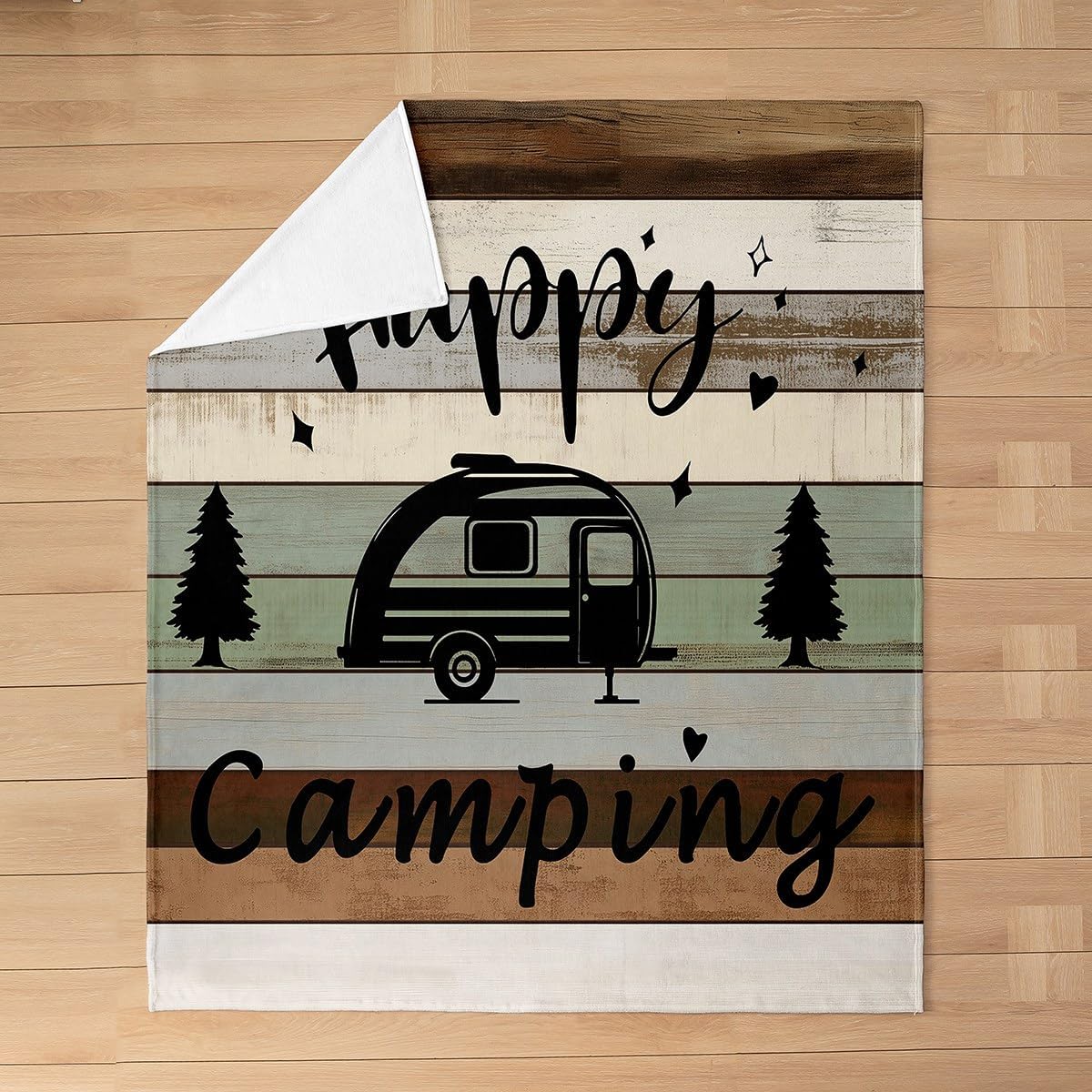 Feelyou Camper Plush Throw Blanket, Happy Camping All Season Bed Blanket, Rustic Wooden Brown White Flannel Fleece Blanket, Gift for Women Mom Wife, Throw 50"x60"