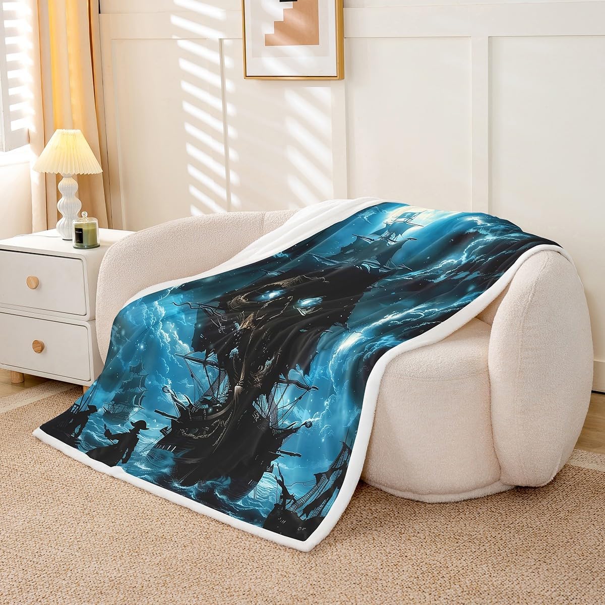 Pirate Skeleton Blanket,Nautical Adventure Throw Blankets for Kids Boys Girls,Modern Abstract Pirate Ship Super Soft Wrinkle Sherpa Blanket,Queen 90x90,Living Room Decor,Cozy,Plush,Lightweight