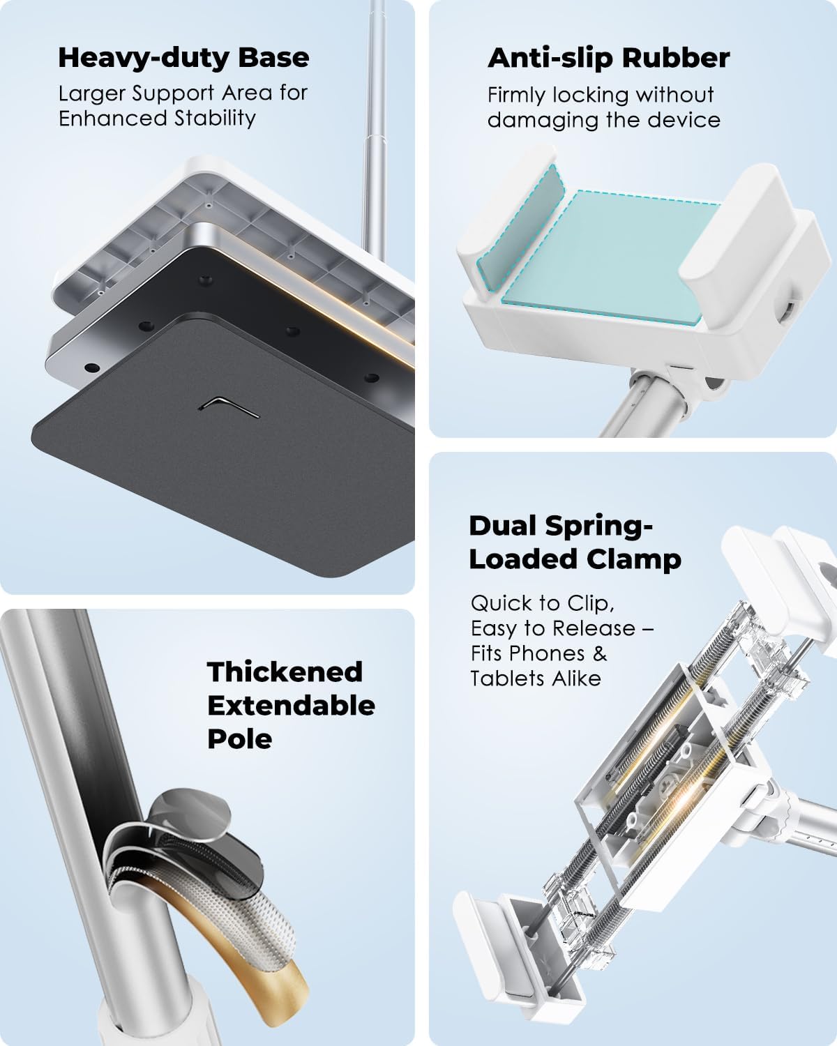 Viozon Tablet Floor Stand, Height & Angle Adjustable Tablet Holder with Aluminum Alloy Arm Tube, 360° Rotation for Bed, Sofa, Desk, Compatible with 3.5-11'' iPad Pro/Air/Mini, iPhone 15/14, Kindle.