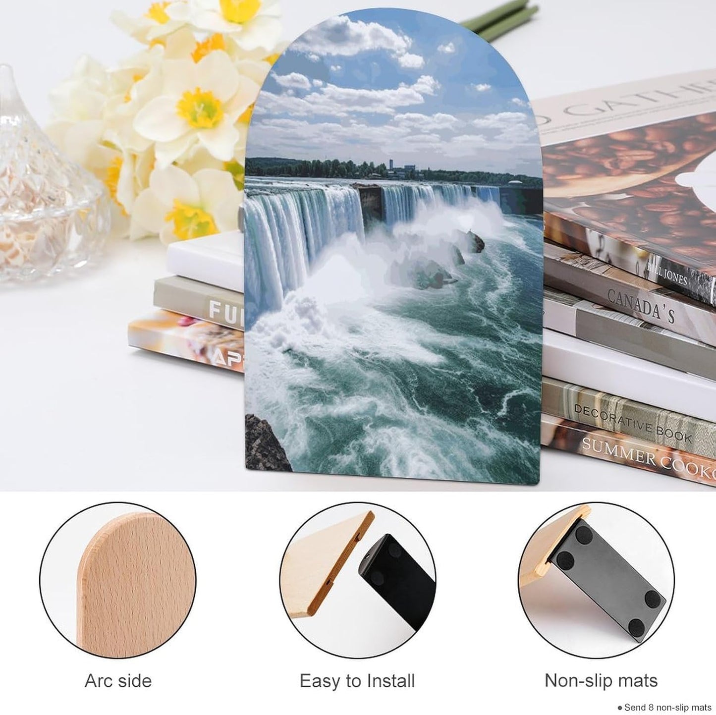 Niagara Falls Bookend for Shelves Wooden Book End Large Size Sturdy Book Holders Stoppers with Metal Base for Bookshelves Slick Decorative Bookends Stands
