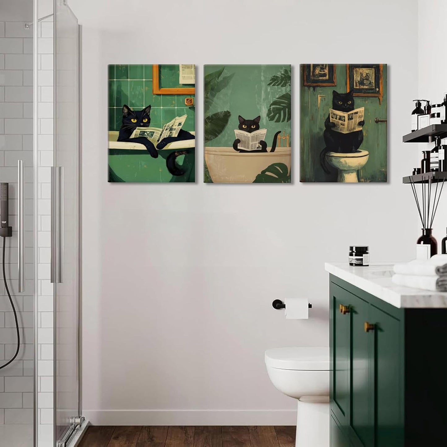 BOKPEN Black Cat Bathroom Canvas Wall Art,Cute Cat Reading Newspaper Funny Bathroom Poster Prints,Green Toilet Art Vintage Painting Artwork for Washroom Aesthetics Whimsical Quirky Room Decor 16x24in