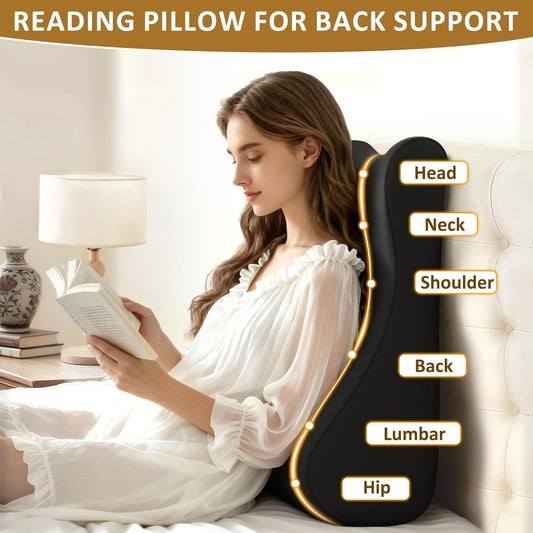 Reading Pillow for Bed,Ergonomic Wedge Pillow Headboard,Memory Foam Back Support Pillow for Bed Sitting Up Adult Sleeping,Wedge Headboard Pillow for Sleep Apne on Bedrest Couch,Black