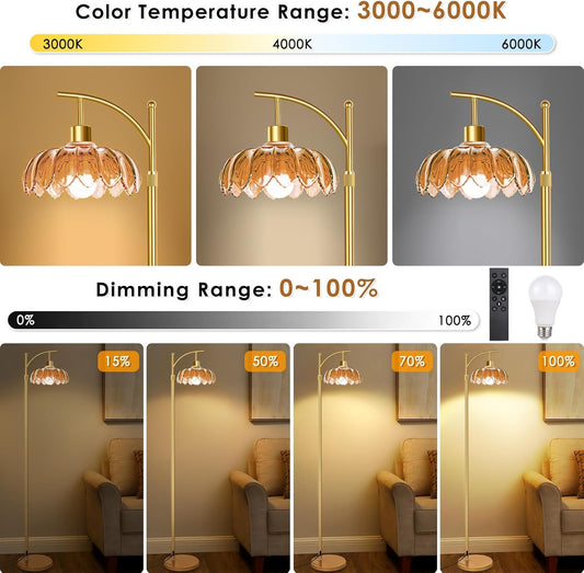 Arc Floor Lamp with Remote: Dimmable LED Gold Floor Lamps for Living Room Bedroom Office, Vintage Flower Adjustable Tall Reading Lamps Floor Standing for Housewarming Gifts