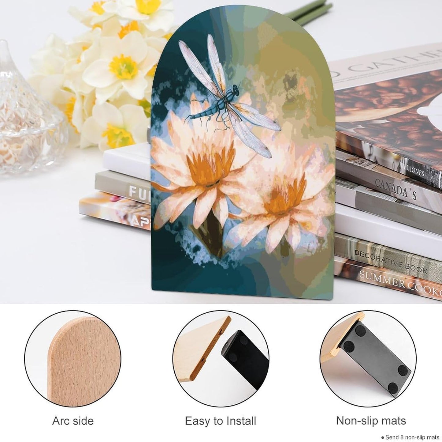 Flying Dragonflies Lily Flower Bookend for Shelves Wooden Book End Large Size Sturdy Book Holders Stoppers with Metal Base for Bookshelves Slick Decorative Bookends Stands