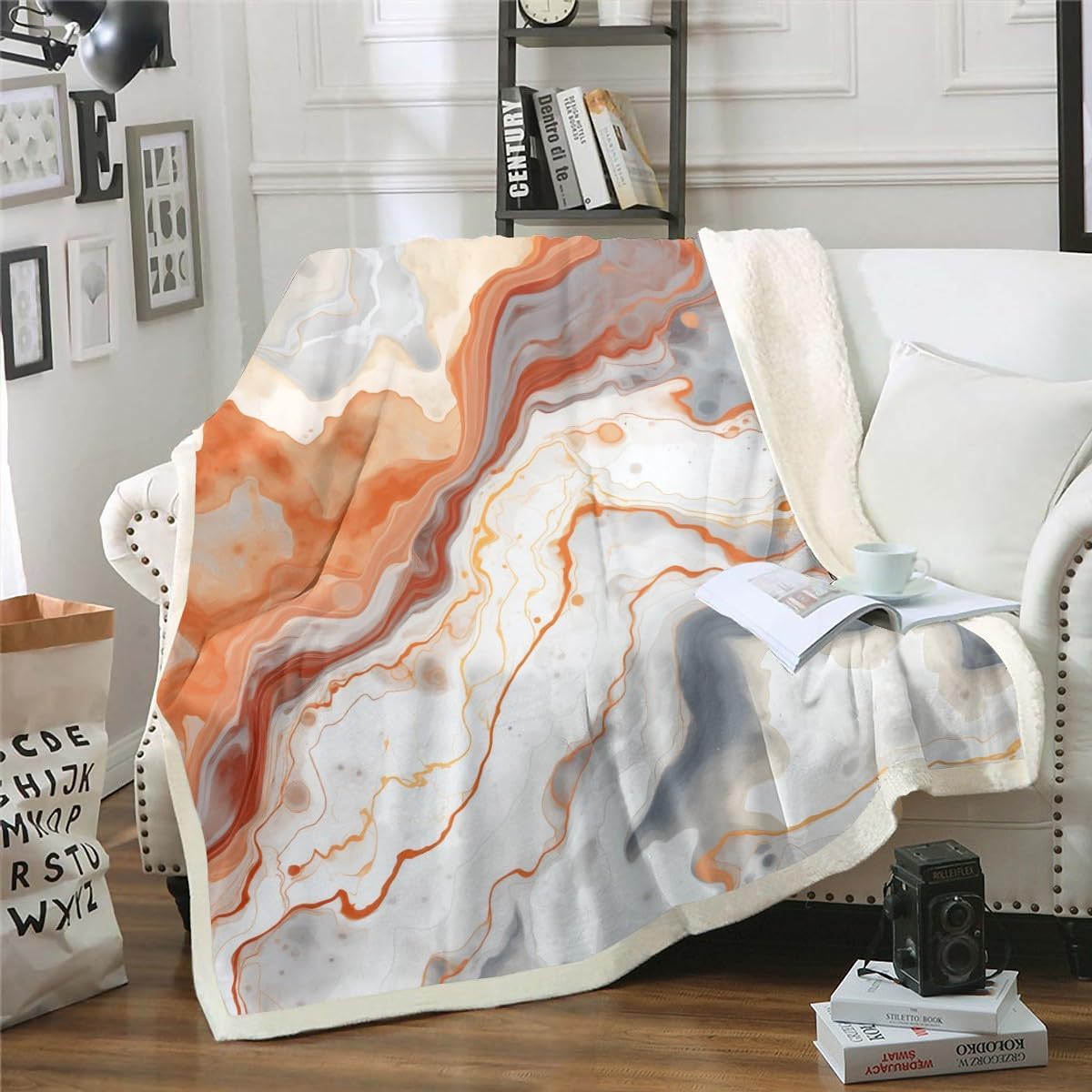 Feelyou Orange Grey White Marble Grain Plush Blanket Gradient Marble Texture Fleece Throw Blanket for Boys Girls Marble Sherpa Blanket Ink Fluid Art Fuzzy Blanket for Sofa Bed Couch,Throw 50x60 Inches